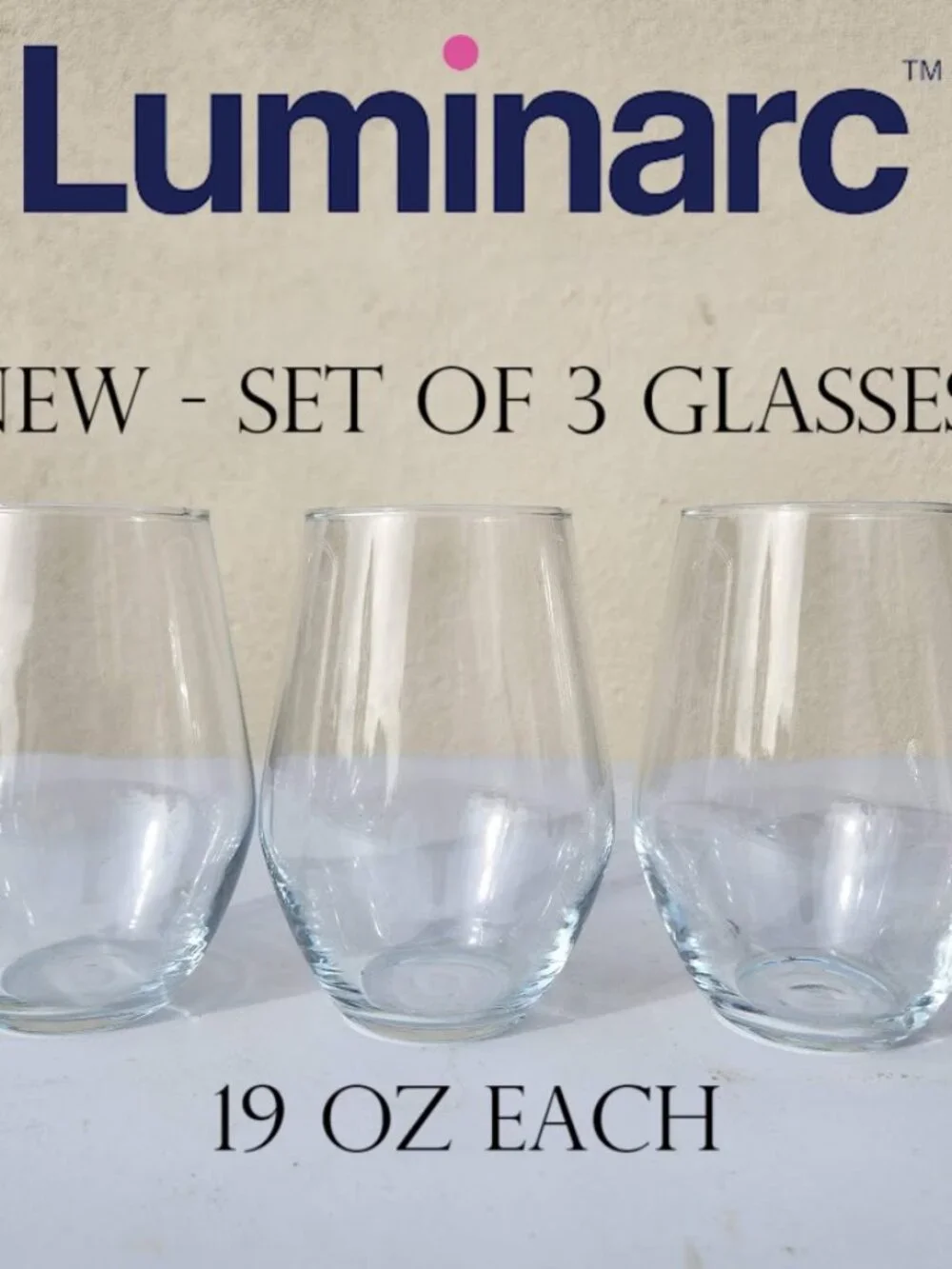 NEW 3 Luminarc Glasses Stemless Wine Glass Cups Barware Set 19 oz Discontinued R